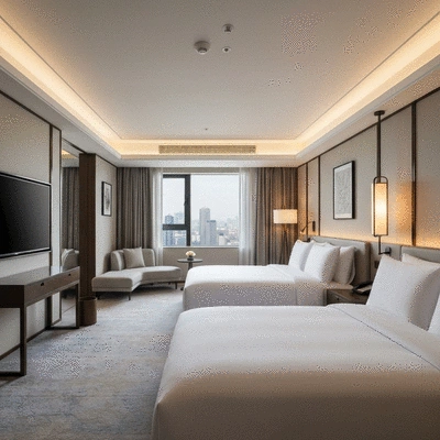 Modern luxury hotel room interior with soft lighting