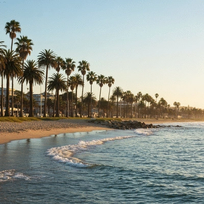 Scenic view of St Kilda beach at sunset with palm trees