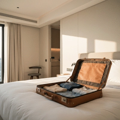 Modern luxury serviced apartment interior with an open suitcase on the bed
