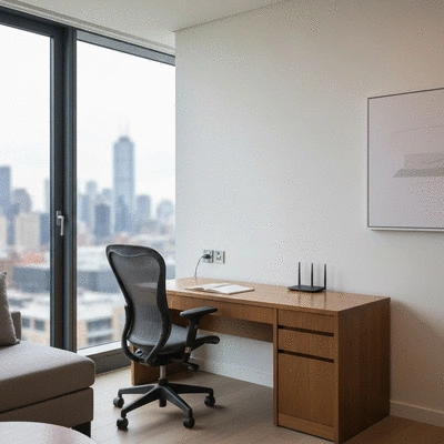 Modern luxury serviced apartment living room with a dedicated desk area and city view