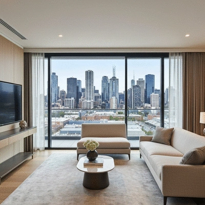 Modern professional apartment interior with large windows and city view