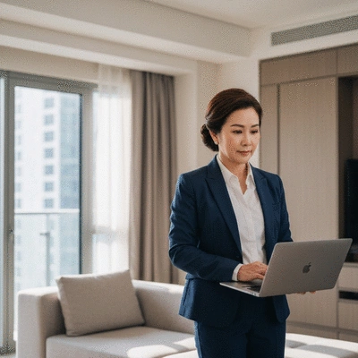 Modern business professional working in a luxury serviced apartment