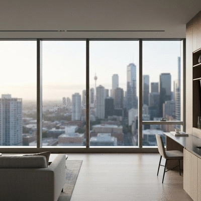 Modern interior of a high-rise Melbourne apartment with city views