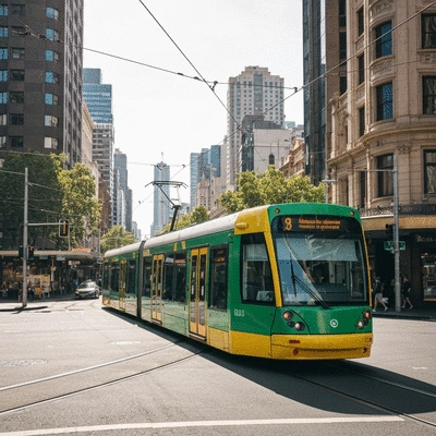 Modern green and yellow tram on a sunny Melbourne street corner