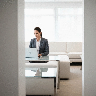 Professional business traveler using a laptop in a modern Melbourne coworking space