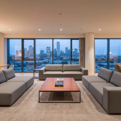 Modern luxury serviced apartment living room in Melbourne with city views