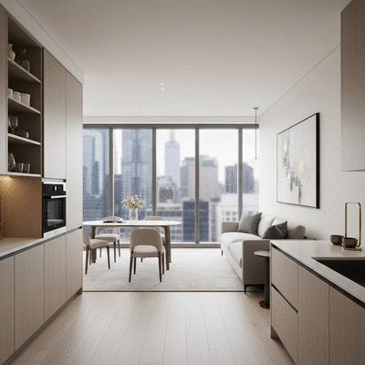 Interior view of a luxury serviced apartment in Melbourne with a view of the city skyline