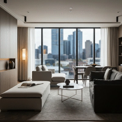 Modern luxury serviced apartment interior with city view