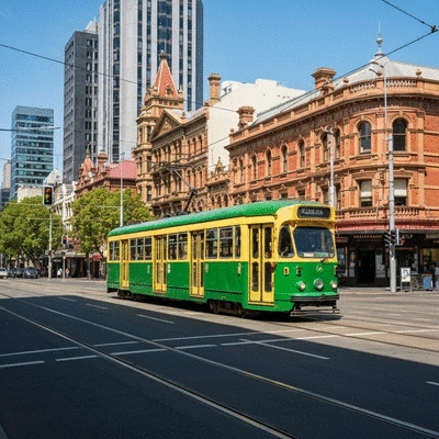 Melbourne yellow and green tram on city street