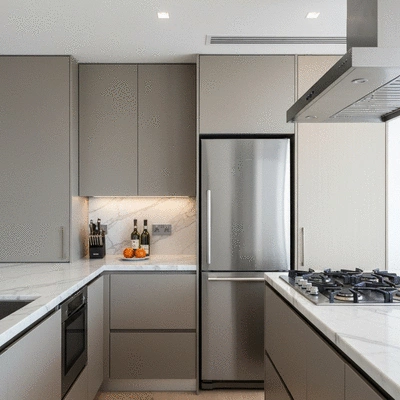 Fully equipped modern kitchen in a serviced apartment with stainless steel appliances