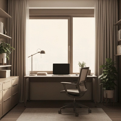 Clean and bright dedicated home office setup within a luxury apartment