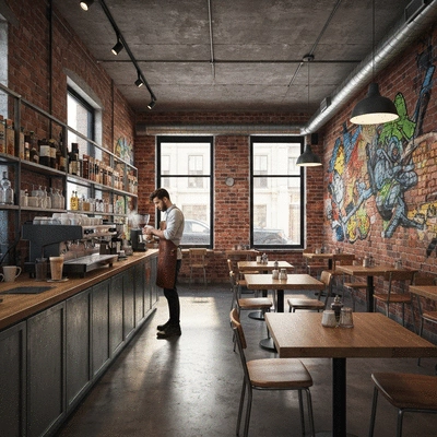 Modern cafe interior with barista and art on walls
