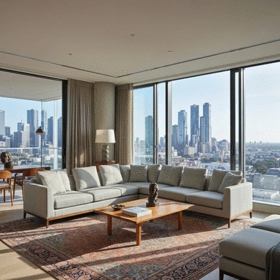 Modern luxury serviced apartment interior living room with city view