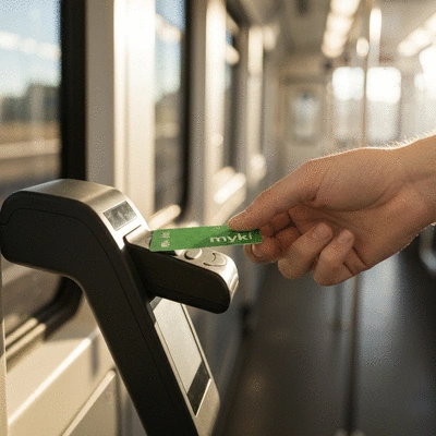 Close up of a hand tapping a Myki card on a public transport reader in Melbourne