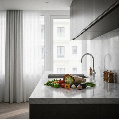 Modern kitchen interior in a serviced apartment with fresh groceries on the counter