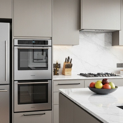 Modern fully equipped apartment kitchen with high-end appliances