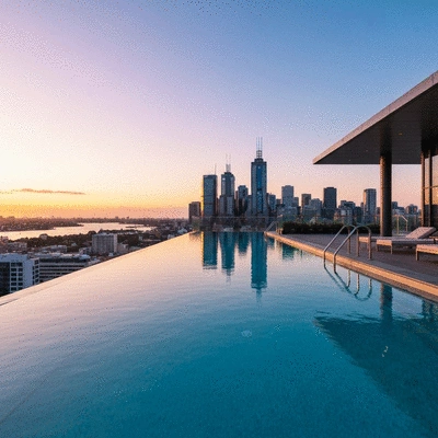 Luxury rooftop pool with Melbourne city skyline view