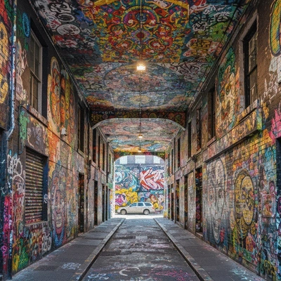 Vibrant street art in a Melbourne laneway with colorful murals