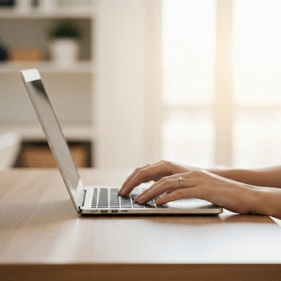Person using a laptop to book a travel deal in a bright room