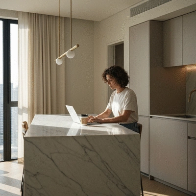 Traveler using a laptop in a bright modern kitchen