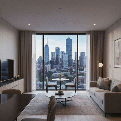 Modern serviced apartment interior with city view