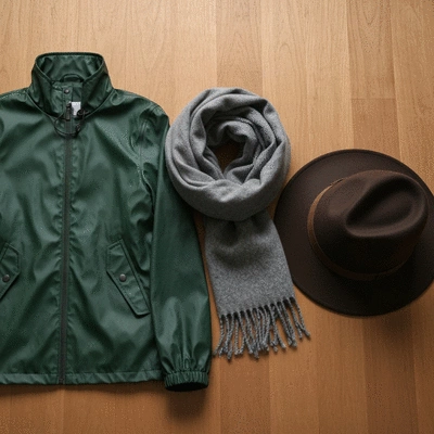 Selection of stylish layered clothing and a lightweight rain jacket laid out on a clean surface