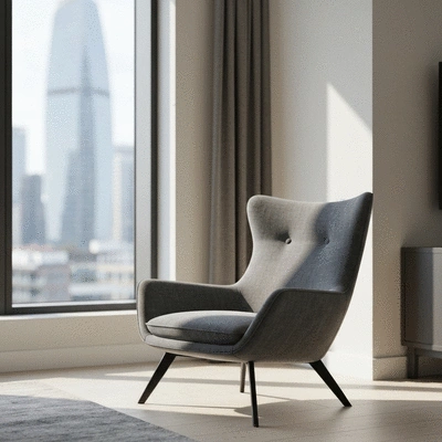 Modern luxury serviced apartment living room with Melbourne city view