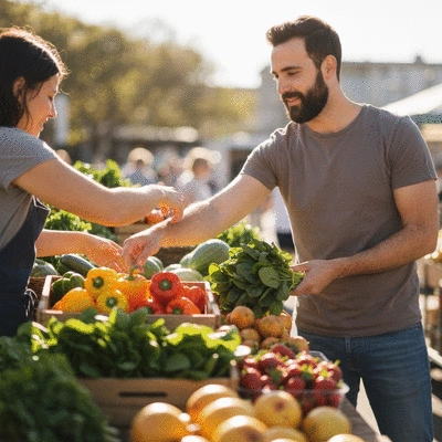 A person shopping for fresh local produce at a vibrant Melbourne market