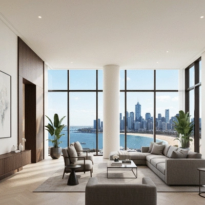 Modern luxury serviced apartment living room in Melbourne