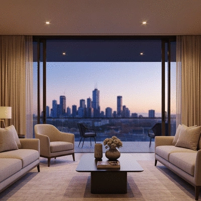 Modern living room in a Melbourne serviced apartment with city views