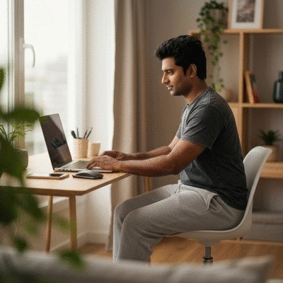 A professional laptop and notebook on a wooden dining table in a modern apartment kitchen