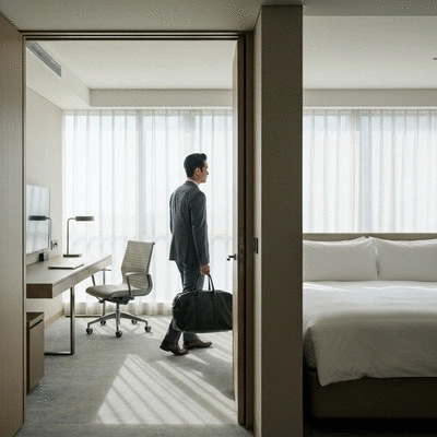 Business person checking into a corporate hotel suite with a laptop bag